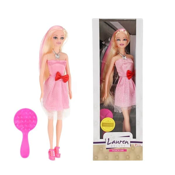 Lauren Tienerpop in roze jurk met roze lok 29cm